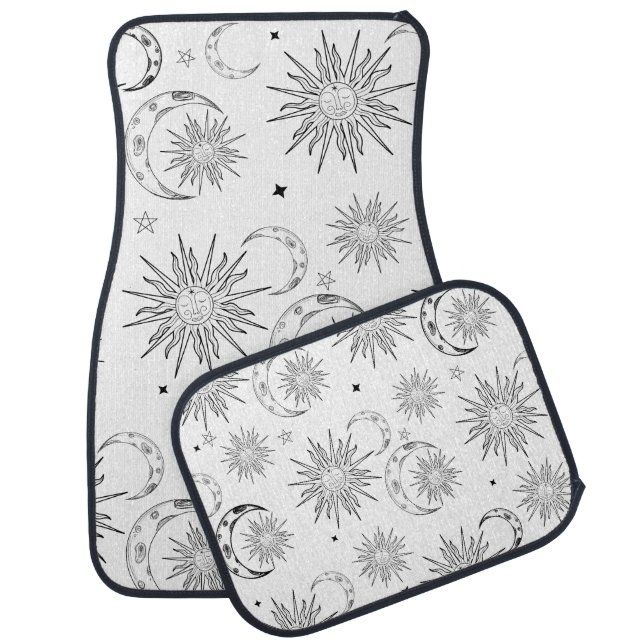 Black & White Whimsical Sun Moon & Stars Car Floor Mat (Set)