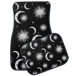 Black & White Whimsical Sun Moon & Stars Car Floor Mat