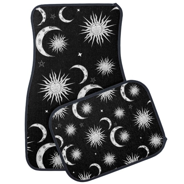 Black & White Whimsical Sun Moon & Stars Car Floor Mat (Set)