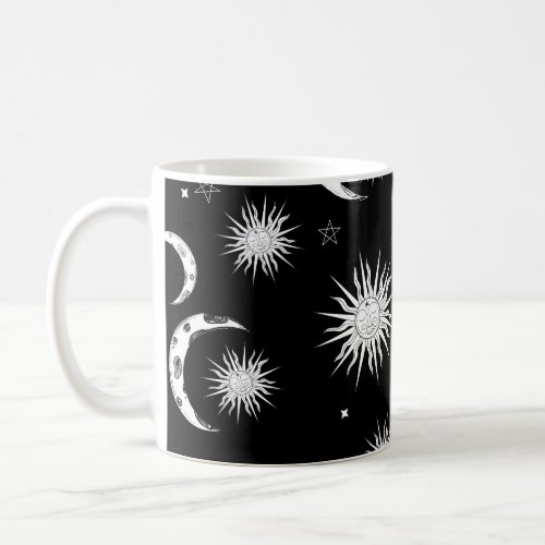 Black  White Whimsical Sun Moon  Stars Coffee Mug