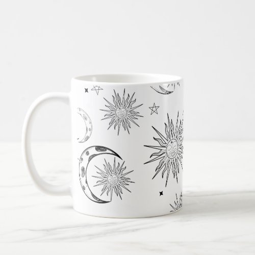 Black  White Whimsical Sun Moon  Stars Coffee Mug