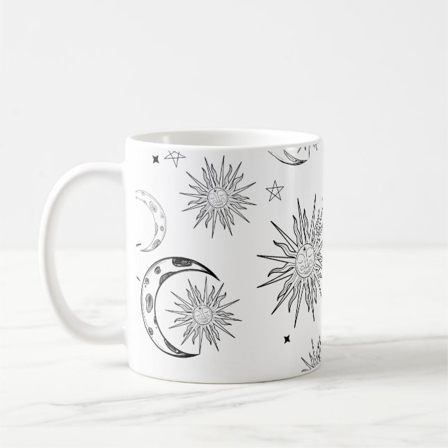 Black & White Whimsical Sun Moon & Stars Coffee Mug (Left)