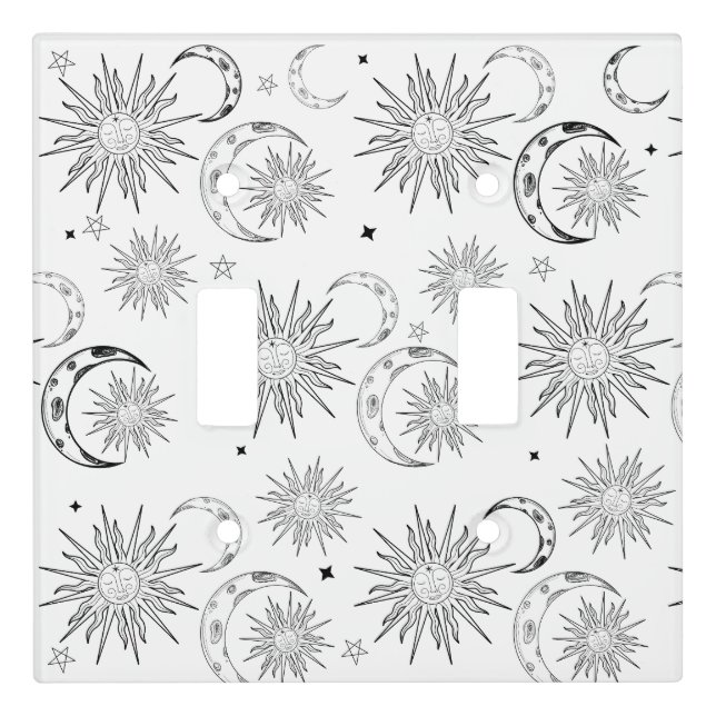 Black & White Whimsical Sun Moon & Stars Light Switch Cover (Front)