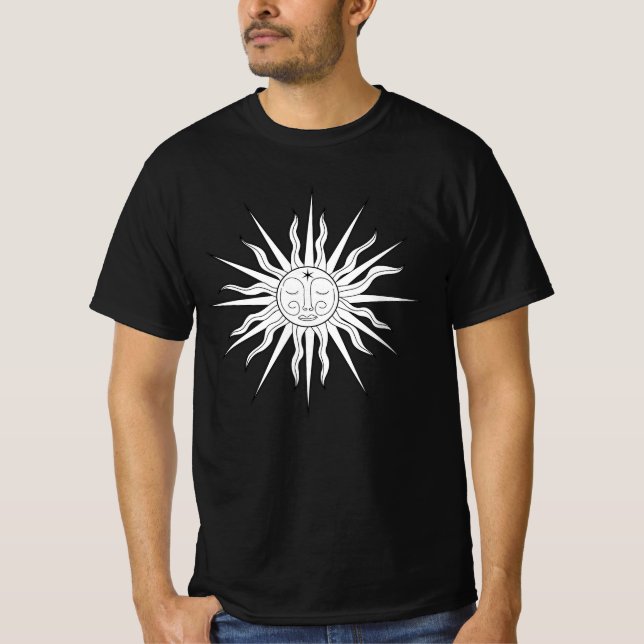 Black & White Whimsical Sun Moon & Stars T-Shirt (Front)