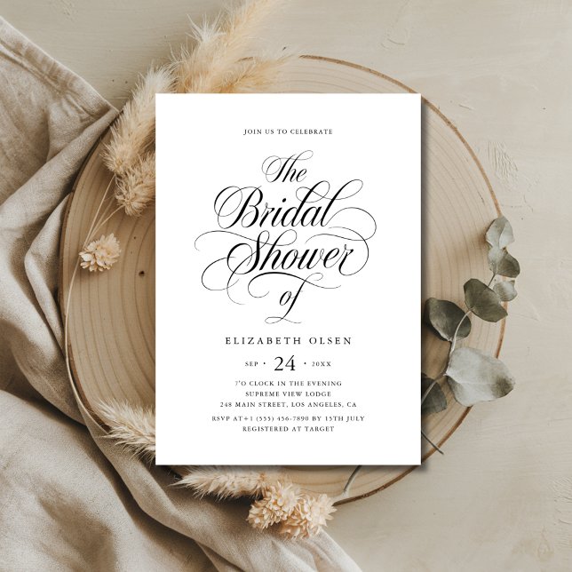 Black & White Whimsy Calligraphy Bridal Shower Invitation (Creator Uploaded)