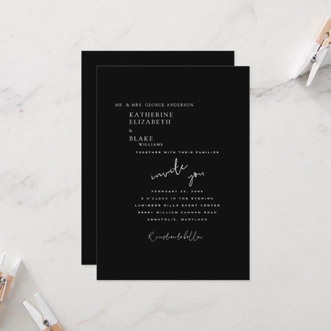  Black & White White Leaf Wedding Invitation  (Front/Back In Situ)