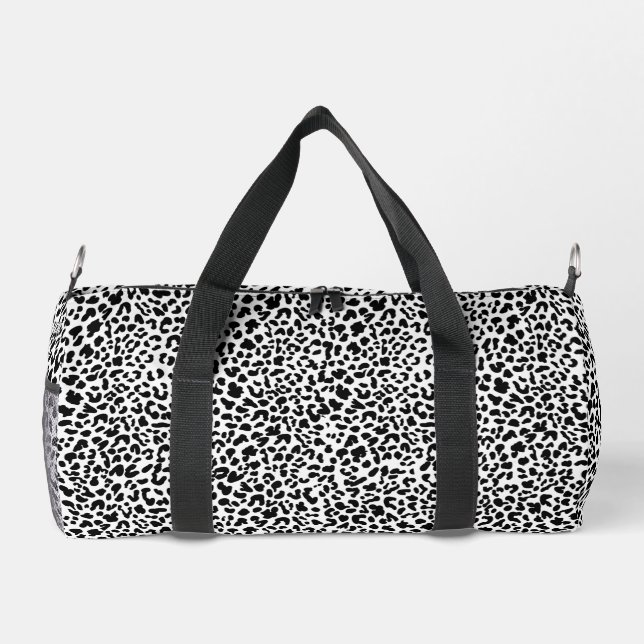 Black & white wild animal print. Snow Leopard Prin Duffle Bag (Back)