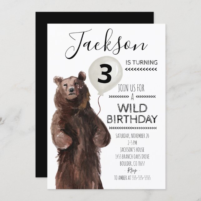 Black & White Wild Bear Birthday Invitation (Front/Back)