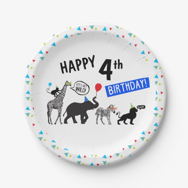Black White Wild Party Animal Birthday 7" Paper Plates (Front)