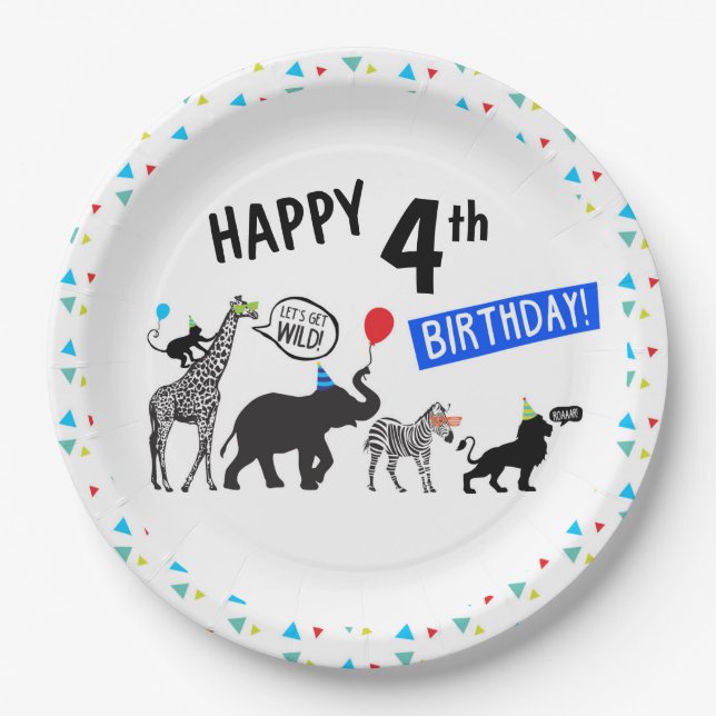 Black White Wild Party Animal Birthday 9" Paper Plates (Front)