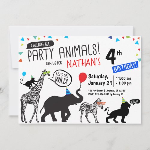 Black White Wild Party Animal Birthday Invitation