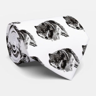 Black White Wild Wolf Artwork Neck Tie