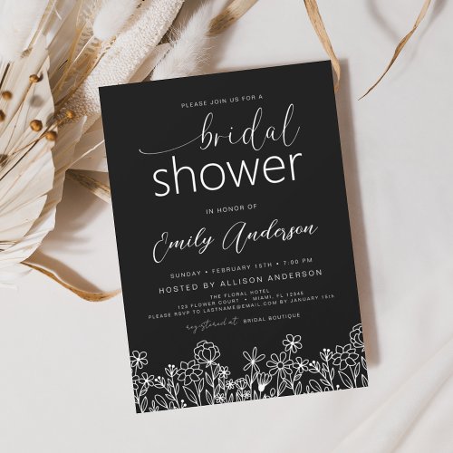 Black White Wildflower Bridal Shower Elegant  Invitation