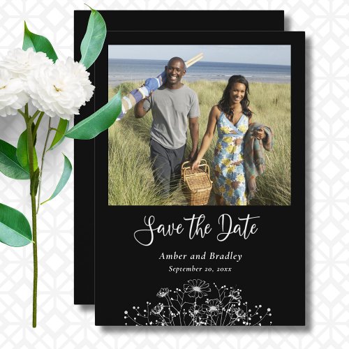 Black White Wildflower Chic Photo QR Code Wedding Invitation