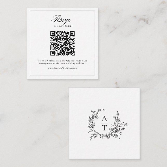 Black White Wildflower Crest Wedding QR Code RSVP  Enclosure Card (Front/Back)