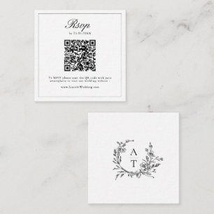Black White Wildflower Crest Wedding QR Code RSVP Enclosure Card