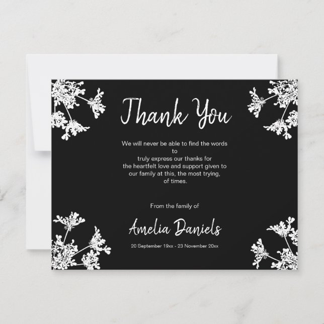Black & White Wildflower Funeral Thank You Card (Front)