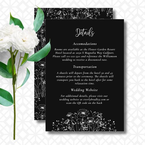 Black White Wildflower QR Code Details Wedding  Enclosure Card