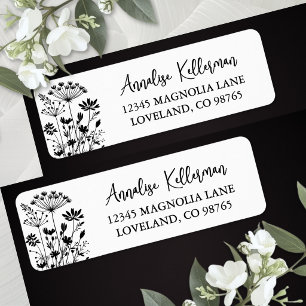 Black White Wildflower Return Address Label
