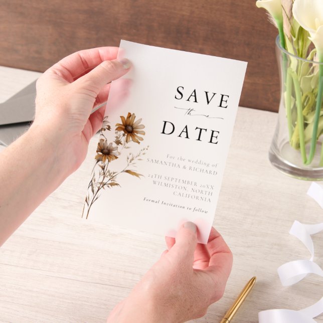 Black & White Wildflower Wedding Save The Date Vellum Invitations (Handheld)