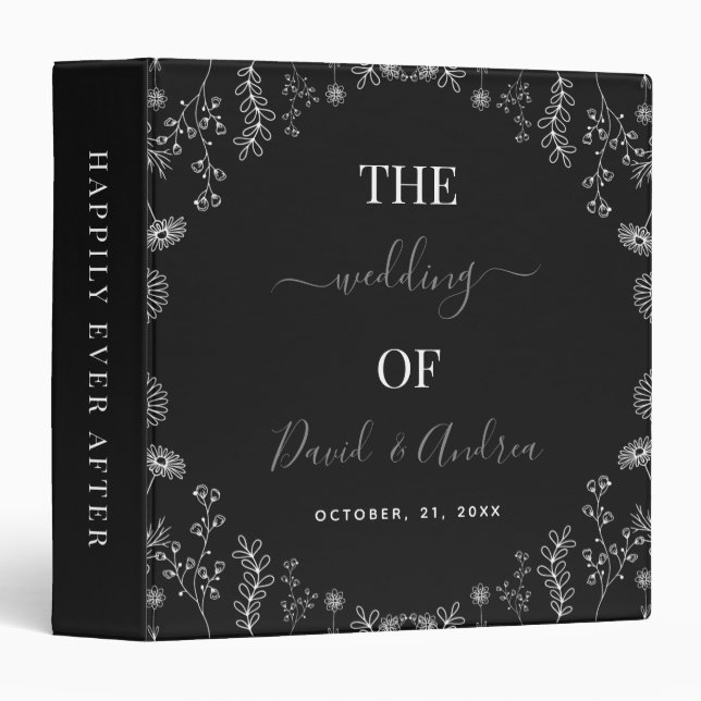 Black & White | Wildflowers Botanical Wedding Chic 3 Ring Binder (Front/Spine)