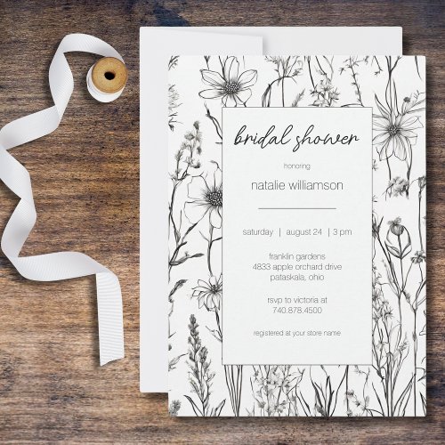 Black  White Wildflowers Bridal Shower  Invitation