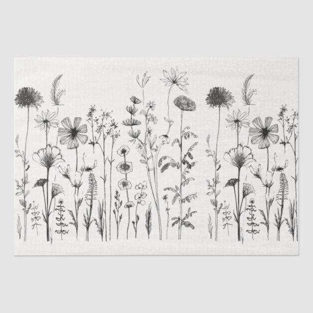 Black & White Wildflowers for Decoupage or Gifts Tissue Paper (Front)
