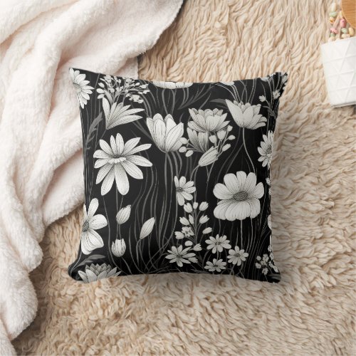 Black White Wildflowers Leaves Botanical Throw Pillow