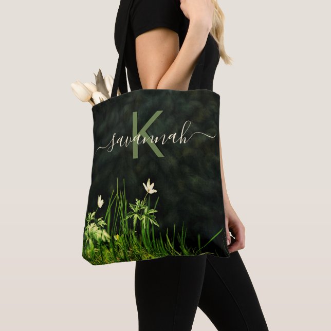 Black white wildflowers monogram name script tote bag (Close Up)