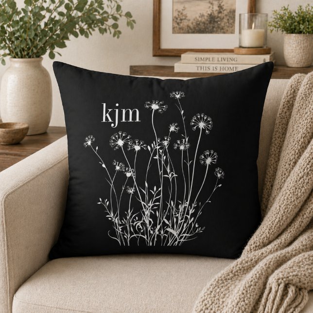 Black & White Wildflowers Monogram Throw Pillow (Creator Uploaded)