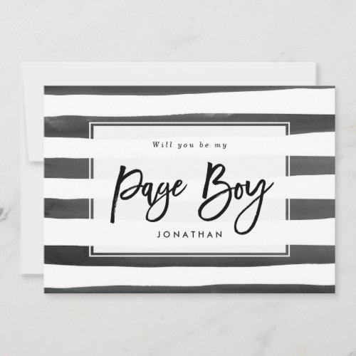 black white will you be my page boy proposal card