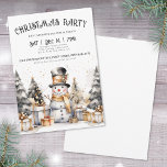 Black White Winter Christmas Party Invitation<br><div class="desc">Invite guests to your holiday party with this charming winter snowman-themed invitation. Featuring an elegant watercolor design, the centerpiece is a delightful black and white snowman wearing a cute top hat, and gold scarf, surrounded by golden accents. At the base, festive trees and presents complete the scene, adding a whimsical...</div>