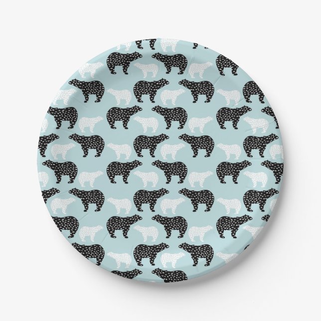 Black White Winter Forest Bear Paper Plates (Front)