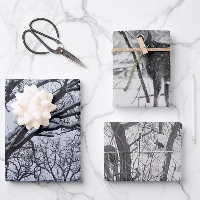 Black White Winter Nature Wildlife Deer Wrapping Paper Sheets (Front)