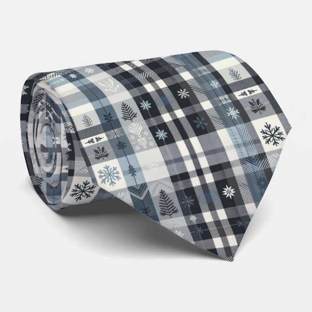 Black White Winter Plaid  Neck Tie (Rolled)