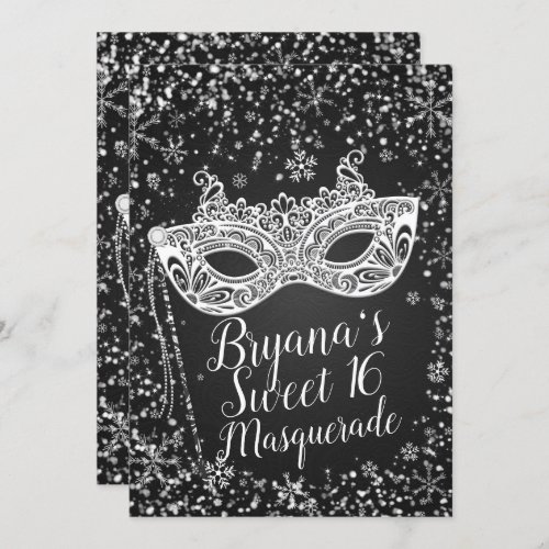 Black White Winter Wonderland Masquerade Sweet 16 Invitation