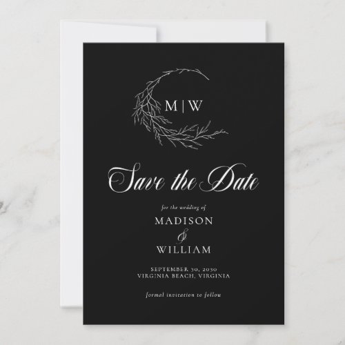 Black White  Wispy Crest Monogram Save the Date 