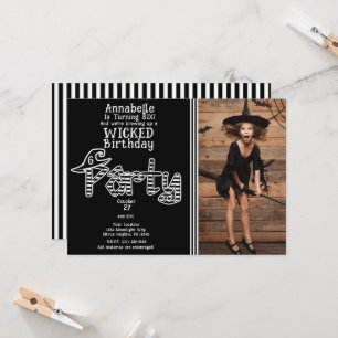 Black White Witch Halloween Birthday Party Invitation