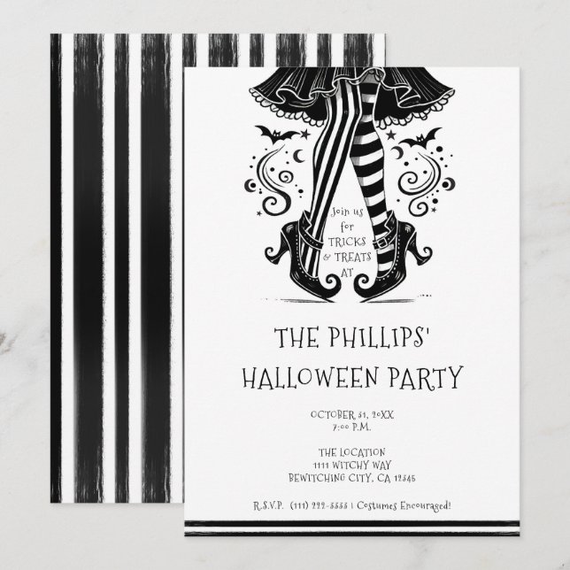 Black & White Witch Legs Whimsical Halloween Party Invitation (Front/Back)