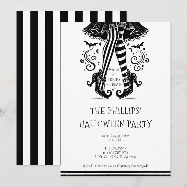 Black & White Witch Legs Whimsical Halloween Party Invitation (Front/Back)