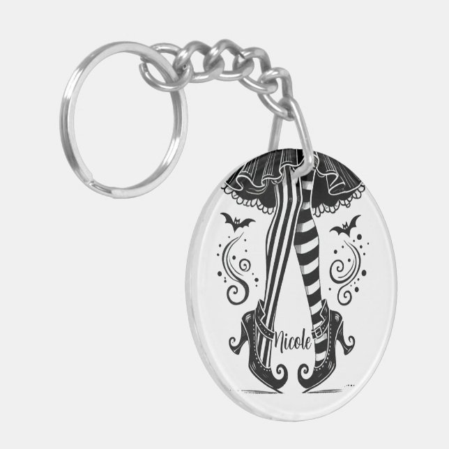 Black & White Witch Legs Whimsical Halloween Party Keychain (Front Left)