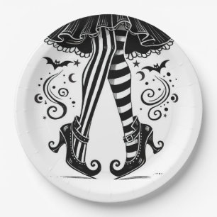 Black & White Witch Legs Whimsical Halloween Party Paper Plates