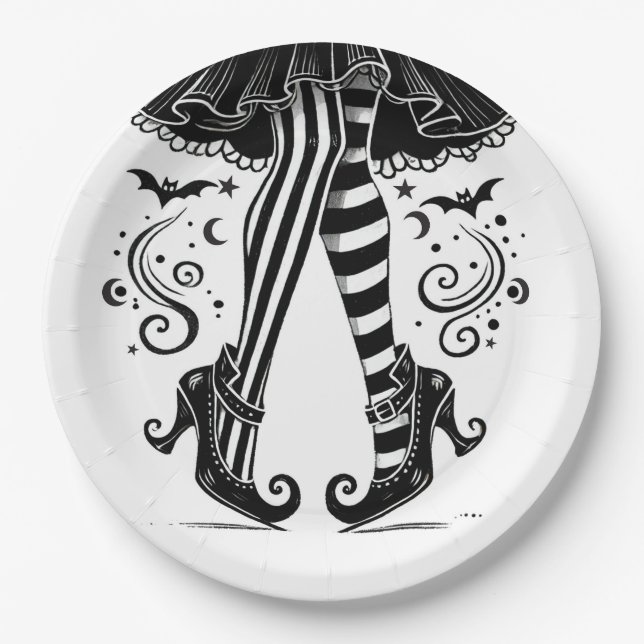 Black & White Witch Legs Whimsical Halloween Party Paper Plates (Front)