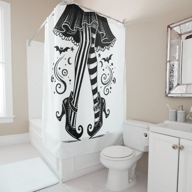Black & White Witch Legs Whimsical Halloween Party Shower Curtain (In Situ)