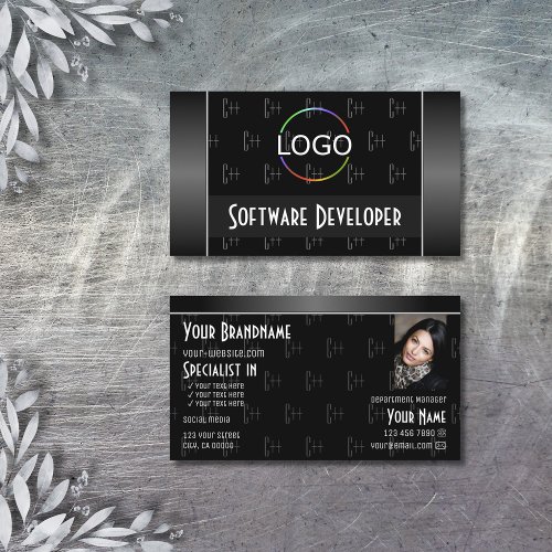 Black White with Logo Photo and Letters Pattern Business Card