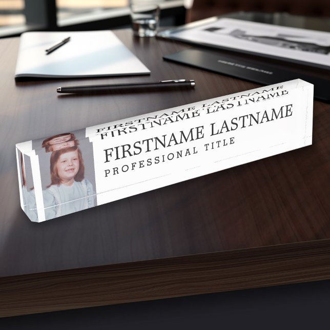 Black White with Name Professional Title and Photo Desk Name Plate (Personalized Name Plate - Custom Photo Executive Desk Plate with Name and Professional Title)