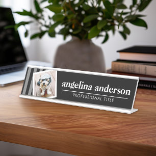 Black White with Name Professional Title and Photo Desk Name Plate
