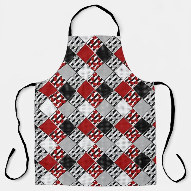 Black white with red retro patchwork apron (Front)