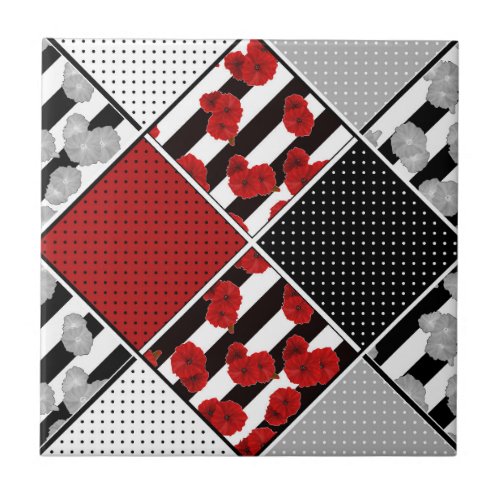 Black white with red retro patchwork ceramic tile