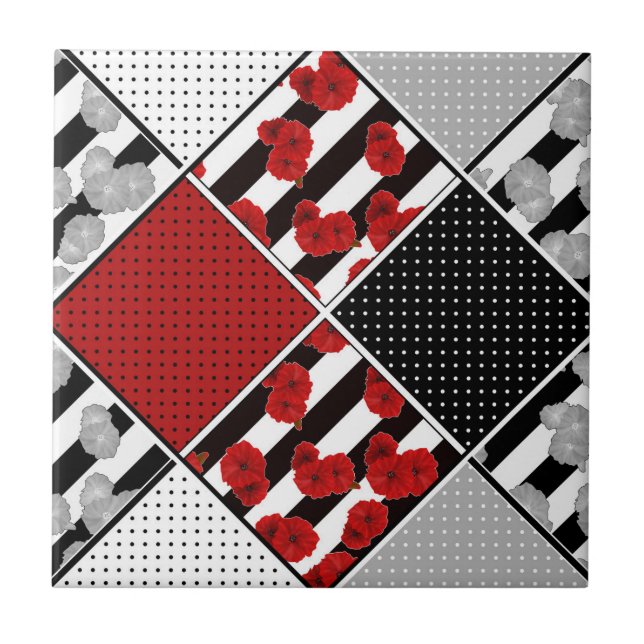 Black white with red retro patchwork ceramic tile (Front)